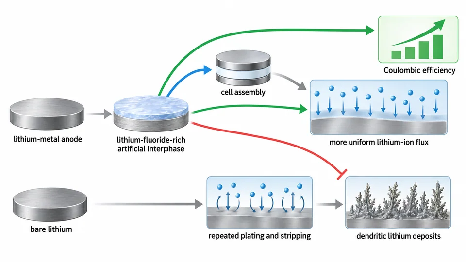 Research-inspired graphical abstract of a LiF-rich lithium-metal battery interphase.
