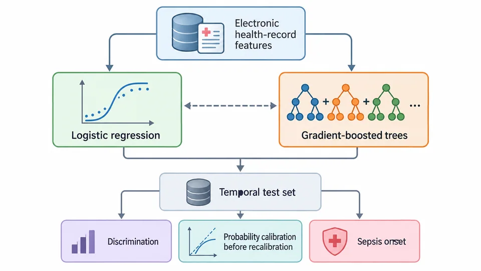 Research-inspired comparison of boosted trees and logistic regression for sepsis prediction.