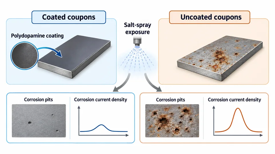 Research-inspired corrosion comparison of polydopamine-coated and uncoated steel.