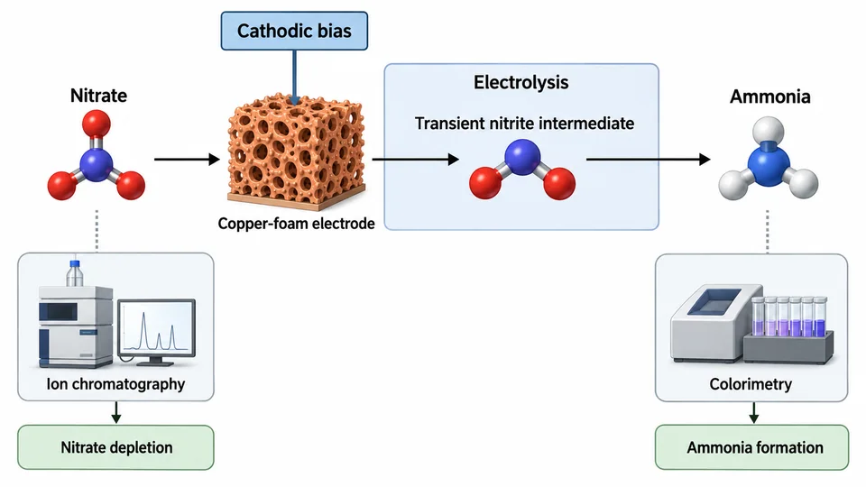 Research-inspired graphical abstract of nitrate reduction to ammonia on copper foam.