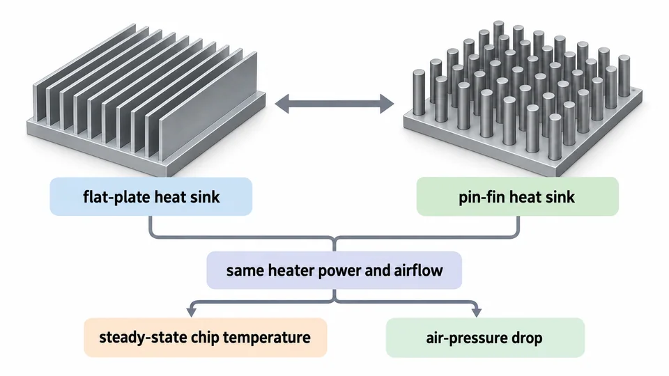 Research-inspired comparison of flat-plate and pin-fin heat sinks.