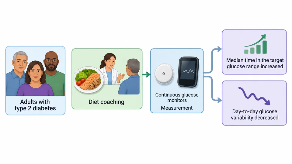 Research-inspired longitudinal summary of glucose monitoring during diet coaching.
