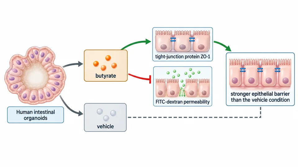 Research-inspired graphical abstract of butyrate improving an intestinal organoid barrier.