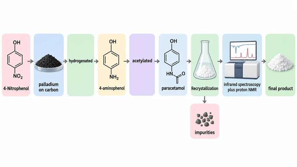 Research-inspired graphical abstract of a two-step paracetamol synthesis and characterization.