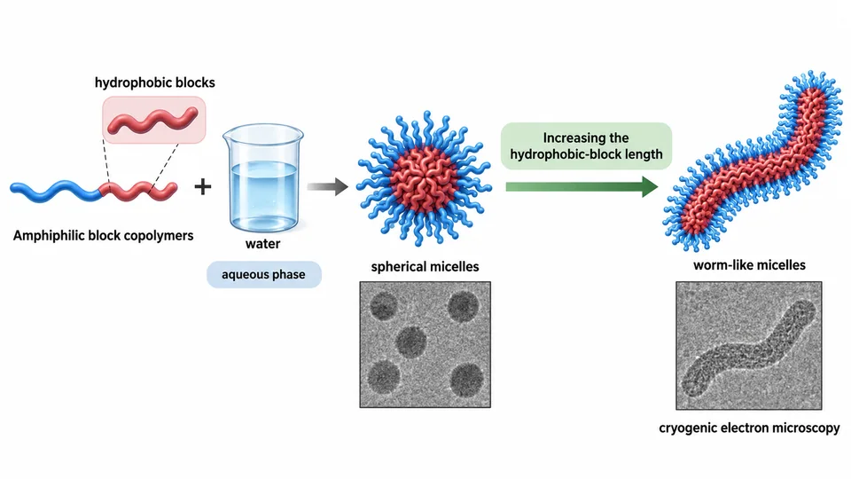 Research-inspired graphical abstract of block-copolymer micelle morphology change.
