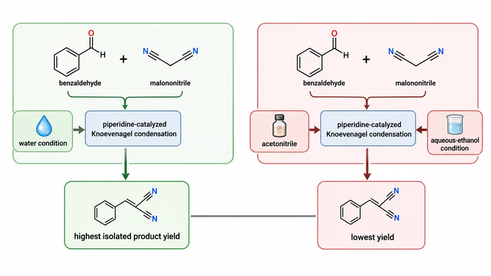 Research-inspired comparison of solvent conditions for a Knoevenagel condensation.
