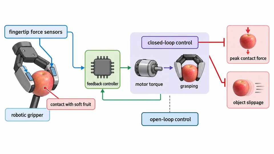 Research-inspired graphical abstract of force-controlled robotic grasping of soft fruit.