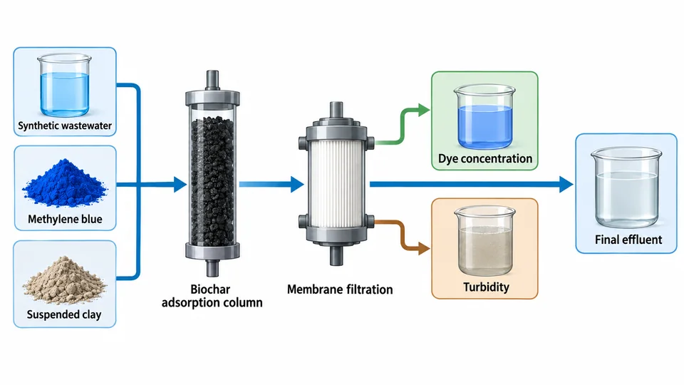 Research-inspired graphical abstract of staged biochar and membrane water treatment.